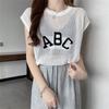 Suéter camiseta de manga corta fina calado para mujer, verano, nuevo, bordado de letras, holgado, color liso, ligeramente transparente, top pullover