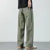 Calça Casual de Algodão Fino Verde Militar para Homens, Verão 2026, Corte Solto, Tamanho Grande, Versátil, Simples, de Perna Reta, Longa, Tendência