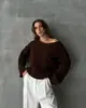 Suéter de Tricô Feminino 2025 Novo Estilo Europeu e Americano Transfronteiriço Estilo Preguiçoso Ombro a Ombro, Blusa de Tricô Manga Longa para Outono e Inverno