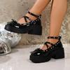 Zapatos de Cuero Gruesos con Hebilla Estilo Británico Tacón Grueso Talla Grande 2025 Verano Nuevos Zapatos Mary Jane de Cuero con Lazo Francés