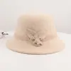 Sombrero de pescador de fieltro de lana 100% coreano con flor para mujer, estilo retro, color liso, moda elegante de alta gama, para madre, Otoño Invierno
