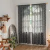 Cortina curta de algodão e linho com estampa de flor de gardênia e franjas, cor de café, semi-transparente, para varão, cortina pronta
