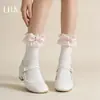 Calcetines de Algodón Puro con Cordones hasta Media Pantorrilla para Mujer, Calcetines de Encaje con Cinta para Primavera y Verano hasta la Rodilla, Calcetines de Pantorrilla Lolita