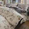 Conjunto de cama de quatro peças estilo vintage com botões, feito de algodão puro grosso e linho com estampa floral, conjunto de três peças para estudante com capa de edredom e lençol de cama