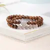 Pulsera Auténtica de Sándalo Dorado para Hombre, Disco de Madera con Cuentas Budistas, Cristal de Fresa Natural Ágata Gris Doble Círculo Apilamiento