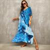 Vestido Longo Azul Estampado Boêmio Estilo Europeu e Americano Vestido de Praia Casual para Férias Proteção Solar