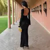 Vestido Sexy Hermoso de Color Sólido que Ceñe la Cintura Estilo Maduro Cuello Redondo Manga Larga Falda Larga para Mujer Vestido de Noche Elegante Americano