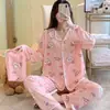 Pijama de Cardigan de Manga Larga y Pantalones para Mujer de Primavera y Otoño, Traje Dulce para el Hogar de Seda de Leche, Pijama para Mujer