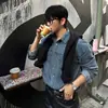 MYQ Camisa Jeans Lavada Vintage Manga Longa Masculina Outono Solta Casual Estilo Coreano Roupa para o Trabalho