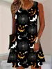 Vestido sin mangas con estampado de rosas y murciélagos de Halloween, estilo tinta oscura, minivestido tipo tank top de corte A holgado con cuello redondo