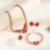 Brincos Europeus e Americanos de Venda Quente Transfronteiriços com Strass Vermelho Vazado, Conjunto de Joias com Colar de Corrente e Anel, Conjunto de Joias Femininas