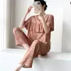 Nova Chegada Pijamas Das Mulheres Verão Fino Impresso Curto- Calças de Manga Curta terno Primavera e Outono de Seda de Algodão Estilo Coreano plus size Roupas Soltas para Casa