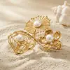 Anillo Abierto de Acero Inoxidable con Diseño de Concha, Perla y Girasol, Estilo Ins Europeo y Americano, Set de Joyería Sencillo y Exquisito, Joyería de Gama Alta de Nicho