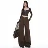 Pantalones casuales holgados de otoño nuevos de estilo vintage transfronterizo en color café para mujer, adecuados para ir al trabajo, hechos de algodón puro, jeans versátiles de pierna ancha en color café