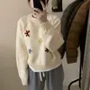 Senso de Design Flor Bordada Tridimensional Mangas Raglan Relaxadas Slimming Solto Versátil Gola Redonda Manga Longa Suéter de Malha Suéter Feminino