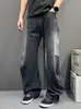 Jeans Masculino Retrô Americano Lavado Desgastado Rasgado Tendência Perna Reta Solta Abertura com Cordão Calças Compridas até o Chão
