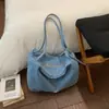 Bolsa de Ombro Jeans Lavado 2026 Bolsa Tote Listrada Estilo Japonês Bolsa de Ombro Versátil Casual Grande Capacidade Bolsa de Lona