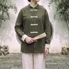 Estilo de pareja, color liso, talla grande, traje Tang, camisa casual para mujer, cuello mandarín, primavera/otoño, estilo chino, camisa vintage de manga larga, para hombre