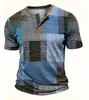 Camiseta retro de punto medio cruzado con botones, camiseta de manga corta informal con estampado 3D, ajuste ceñido, jersey Henley para hombre