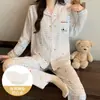 Pijama de dibujos animados estilo japonés para mujer, primavera y otoño, con copas en el pecho, cuadros de algodón nube, manga larga, pantalón largo, conjunto holgado para casa