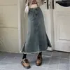 Saia midi retrô de cauda de peixe Saia jeans feminina primavera outono inverno 2024 nova borda de cabelo saia longa linha A quadril
