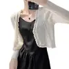 Cardigã fino feminino, adequado para usar sobre um vestido de alcinha, tricô de verão, xale, capa de seda gelada, jaqueta estilo fada