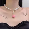 Corea del Sur verano 2022 nueva moda retro Collar de perlas Celebridad de internet simple con cuentas cadena para clavícula rosa corazón de melocotón femenina