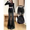 Calça Jeans Retrô Preto-Cinza Feminina Não Apertada na Perna Outono Novo Botão Duplo Solta Emagrecedora Cintura Alta Comprimento Total Flare