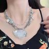 Collar de cuentas de doble capa con diseño de rosa de organza y botón de viento para chica, estilo marea, con costuras de nicho y cadena de clavícula.