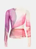 Bestseller transfronteiriço europeu e americano, blusa feminina de malha com gradiente rosa e roxo, gola redonda, manga longa, corte justo, sexy, transparente, para usar como base