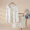 Pijama Feminino, Algodão Puro, Nova Roupa de Casa de Gaze de Verão para Mulheres com Bojos, Shorts de Manga Curta, Conjunto de Pijama que Pode Ser Usado Fora