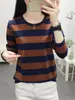 Camiseta de manga larga a rayas talla grande para mujer 2024 Nueva camiseta Primavera y Otoño Top holgado adelgazante Camisa base para madre