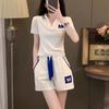 Moda Esportiva Manga Curta Terno Feminino 2025 Verão Novo Gola Polo Elegante Reduzido Top Solto Shorts Perna Larga Verão