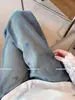 Calça Jeans Feminina Azul Bordada com Strass para Outono e Inverno, Cintura Alta Emagrecedora Jeans Wide Leg Reta Feminina, Corte Solto A9356