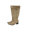 Botas por Encima de la Rodilla para Mujer Otoño e Invierno 2024 Botas de Gamuza Caqui de Punta para Mujer Tacón Grueso Look Adelgazante Botas Plisadas