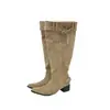 Botas Altas hasta la Rodilla para Mujer Otoño e Invierno 2024 Botas Color Caqui de Gamuza con Punta y Tacón Grueso, Botas Fruncidas Adelgazantes