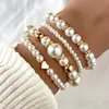 Pulsera Cruzada de Estilo Ins Europeo y Americano, Simple y Versátil, con Forma de Corazón y Luna Creciente, Pulsera de Perlas Artificiales en Capas de Moda