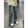 Jeans Casuais Patchwork Retro Americano para Homens e Mulheres High Street Design Plissado Solto Reta Perna Larga Calças Longas
