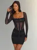 Vestido de Malla de Encaje Cuadrado Europeo y Americano para Mujer Manga Larga Transparente Hueso de Pescado Fruncido Ajustado al Cuerpo Ceñido a la Cadera Falda Corta de Chica Caliente para Discoteca