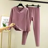 Nuevo Conjunto de Ropa Interior Térmica Engrosada con Felpa Cálida para Mujer Otoño e Invierno Top de Otoño Pantalones de Otoño Talla Grande Suéter de Algodón y Lana