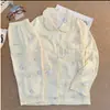 Pijama de otoño para mujer con cuello de muñeco de dibujos animados, manga larga y pantalón largo, lindo conjunto de dos piezas de algodón nube para casa, corte holgado