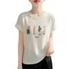Camiseta de Manga Corta con Estampado de Dibujos Animados para Mujer, Top de Punto Blanco Holgado de Verano con Cuello Redondo, Blusa Nueva Estilo Fino Reductora