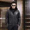 Jaqueta Puffer Casual de Couro Genuíno Pele de Ovelha Couro com Penas Roupas Masculinas Gola de Pele Outono Inverno Novo Estilo