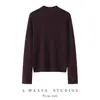 Suéter Feminino 100% Lã Fina com Design de Pregas nos Ombros Outono Inverno Gola Meia-Alta Casual Confortável Camada Base Suéter de Tricô