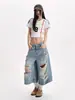 Shorts Jeans Rasgado Estilo Retro Americano Plus Size Feminino Perna Larga High-End Solto Modelador Hot Girl Estilo de Rua Calça Cropped