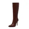 Botas de moda femininas estilo europeu e americano com bico fino e salto alto fino, botas de cano alto para outono e inverno 2011