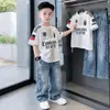 Nuevo Estilo Niños Tendencia Fútbol Manga Corta Jeans Ropa Marca de Moda Comercio Exterior Ropa Infantil Niños Conjunto de Verano