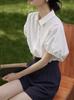 Camisa Francesa Moda Retro Verão Novo Design Sentido Puff Manga Solta Confortável Chic Elegante Top Casual