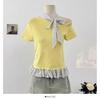 Moda de Verano Estilo Coreano Elegante Diseño con Costuras Sentido Polo Lunares Lazo Hombro Camiseta Prendas de Punto para Mujer Top Casual