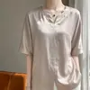 Nueva Camiseta de Manga Corta con Cuello en V de Satén de Acetato para Mujer, Color Sólido, Holgada, Pulóver, Camiseta Base